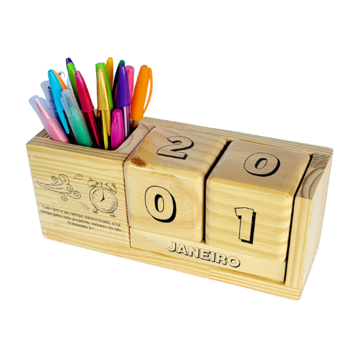 Calendário permanente de mesa com porta lápis