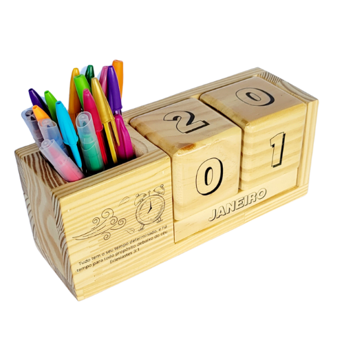 Calendário permanente de mesa com porta lápis